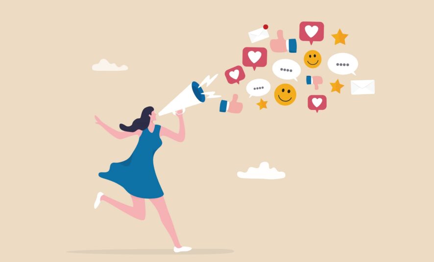 cartoon girl in blue dress and mega phone expressing social media icons that represent customer relationship management