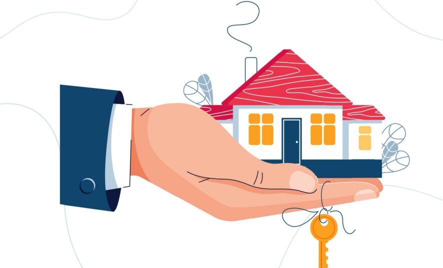 cartoon hand holding a house in his palm and a key wrapped around his finger