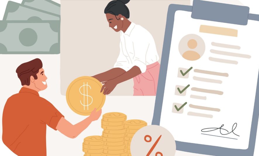 woman in professional clothes handing a man smiling a giant coin with a "$" on it with stacks of coins, "%" signs and a checklist around them. A vector image to describe a credit union and a customer