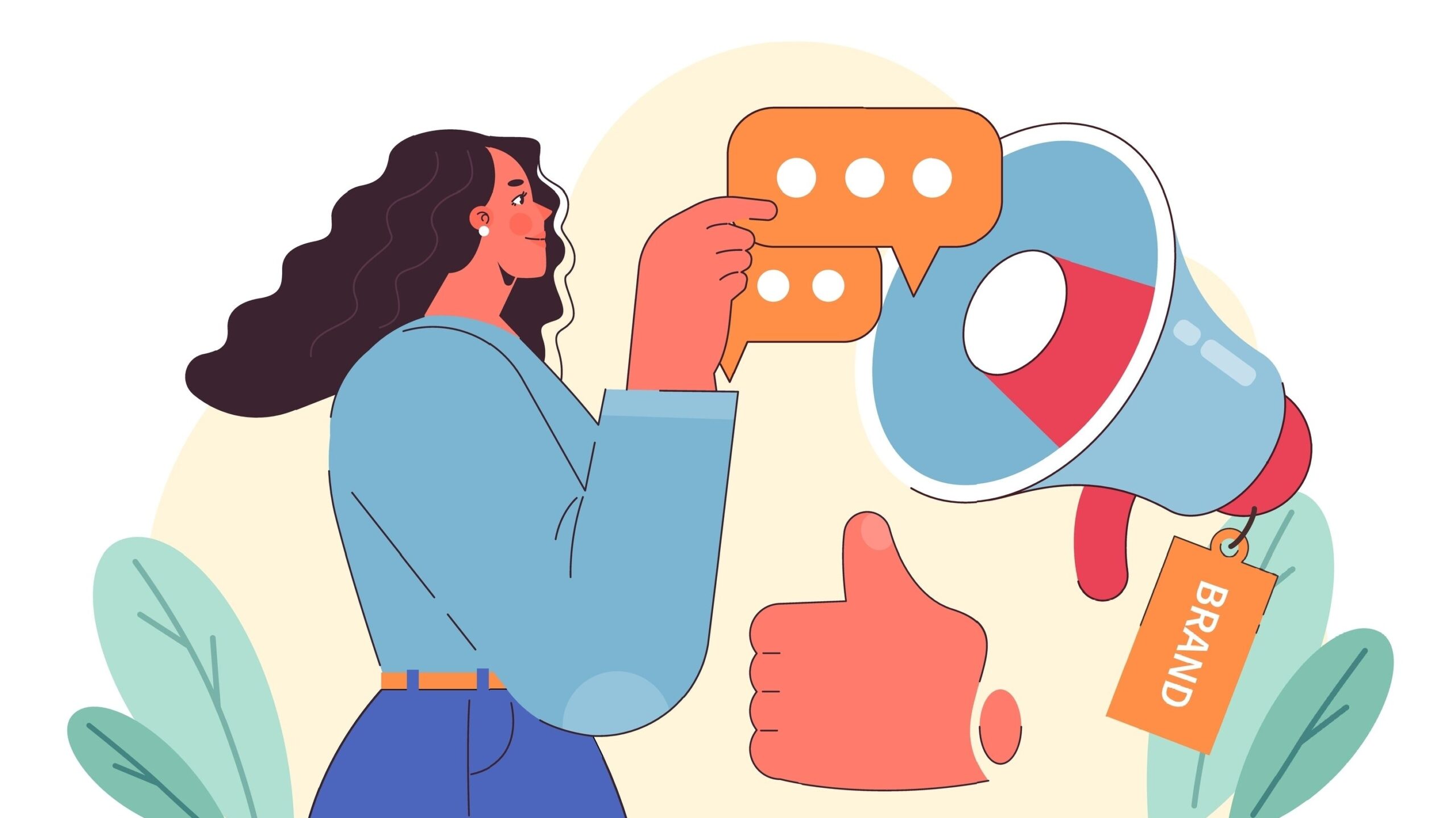 vector image of girl holding "..." buttons with a thumbs up button and a microphone with the word "Brand" written on it all to depict brand authority