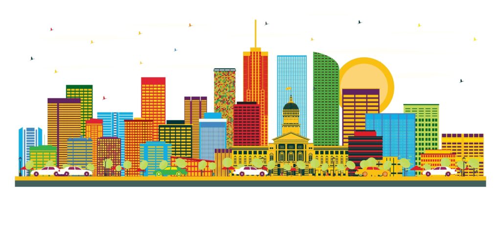 skyline of Denver in bright vibrant colors
