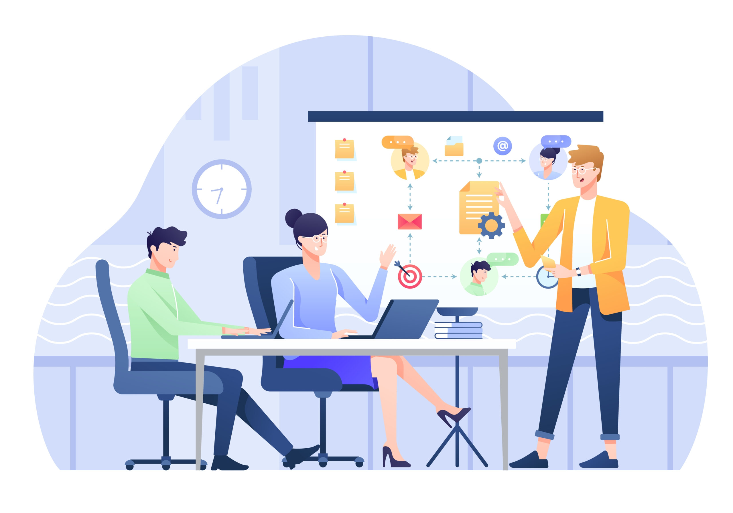 logo design process with 3 employees working together at a table with a board with drawings on it 