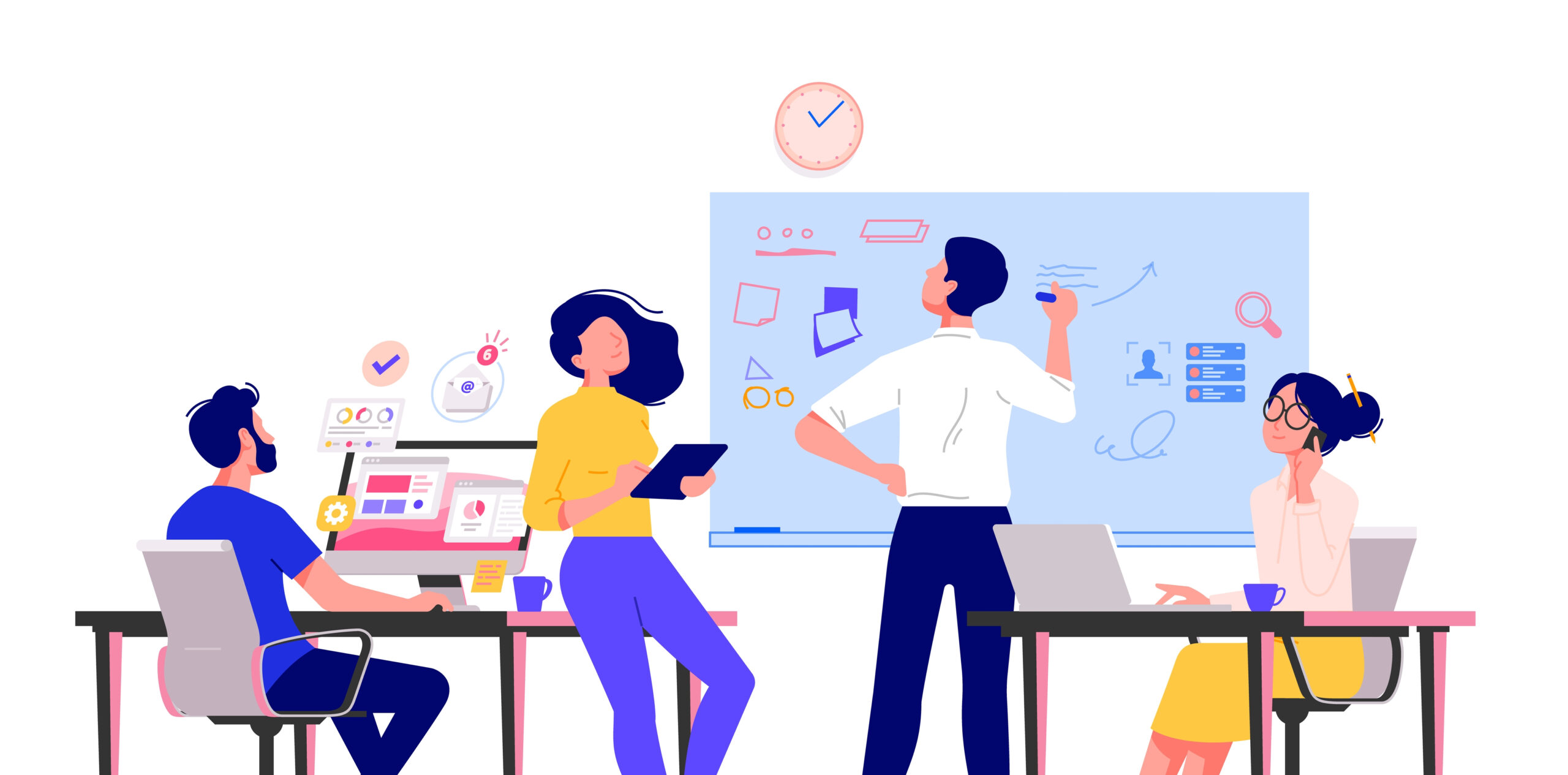 4 employees meeting with a whiteboard and going through the logo design process