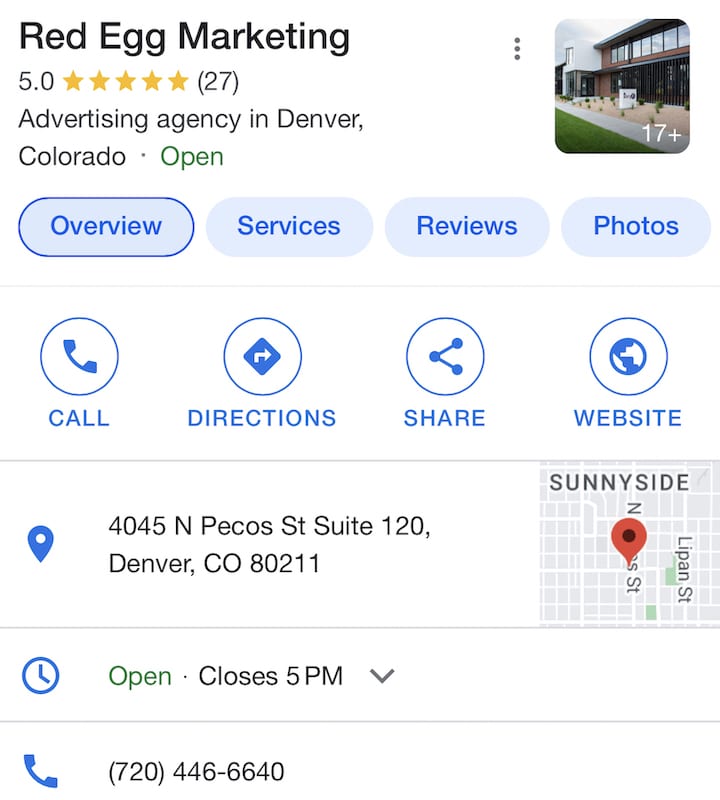 Google Business Profile for Red Egg Marketing, a Denver marketing agency that offers SEO services for small business owners