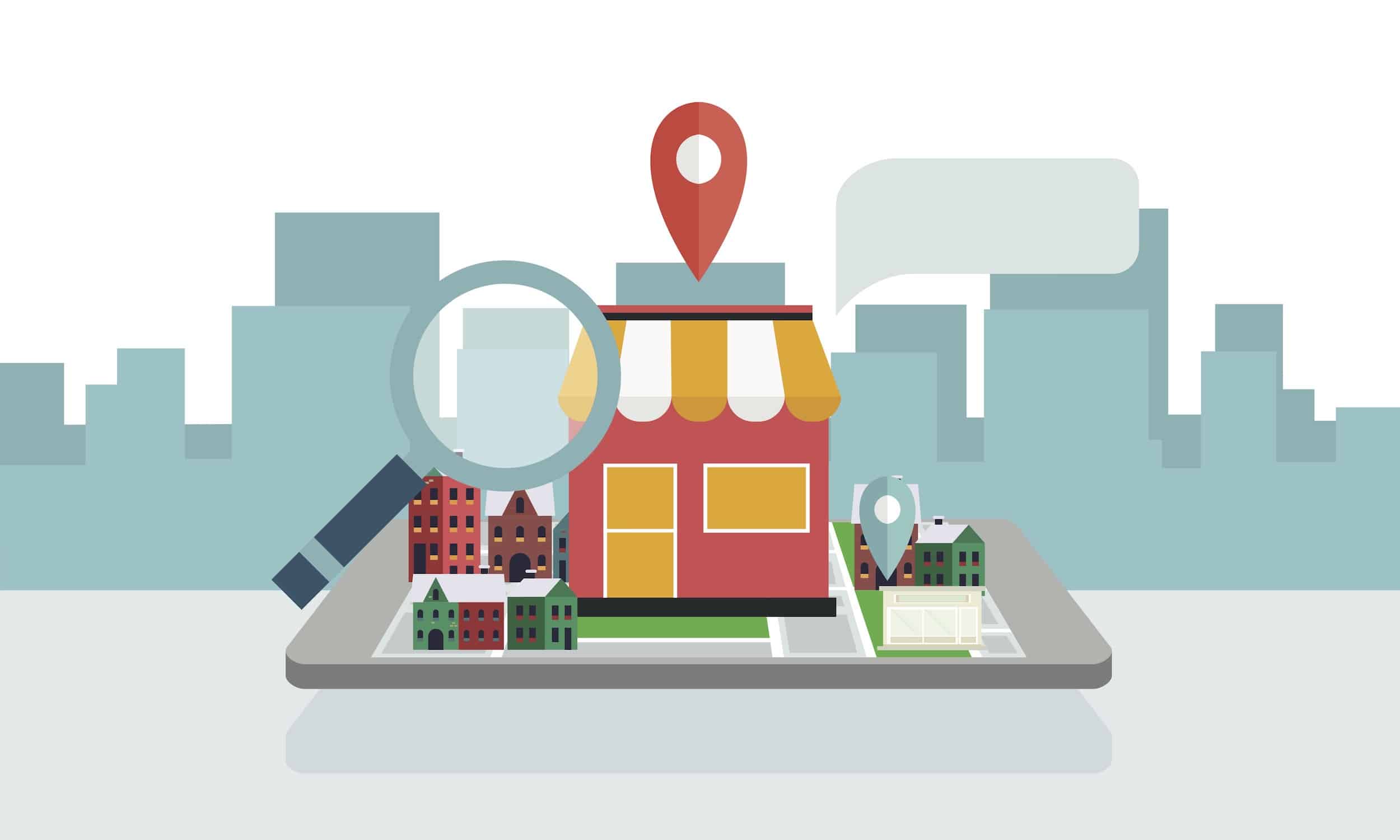 Large illustration of magnifying glass and small business buildings