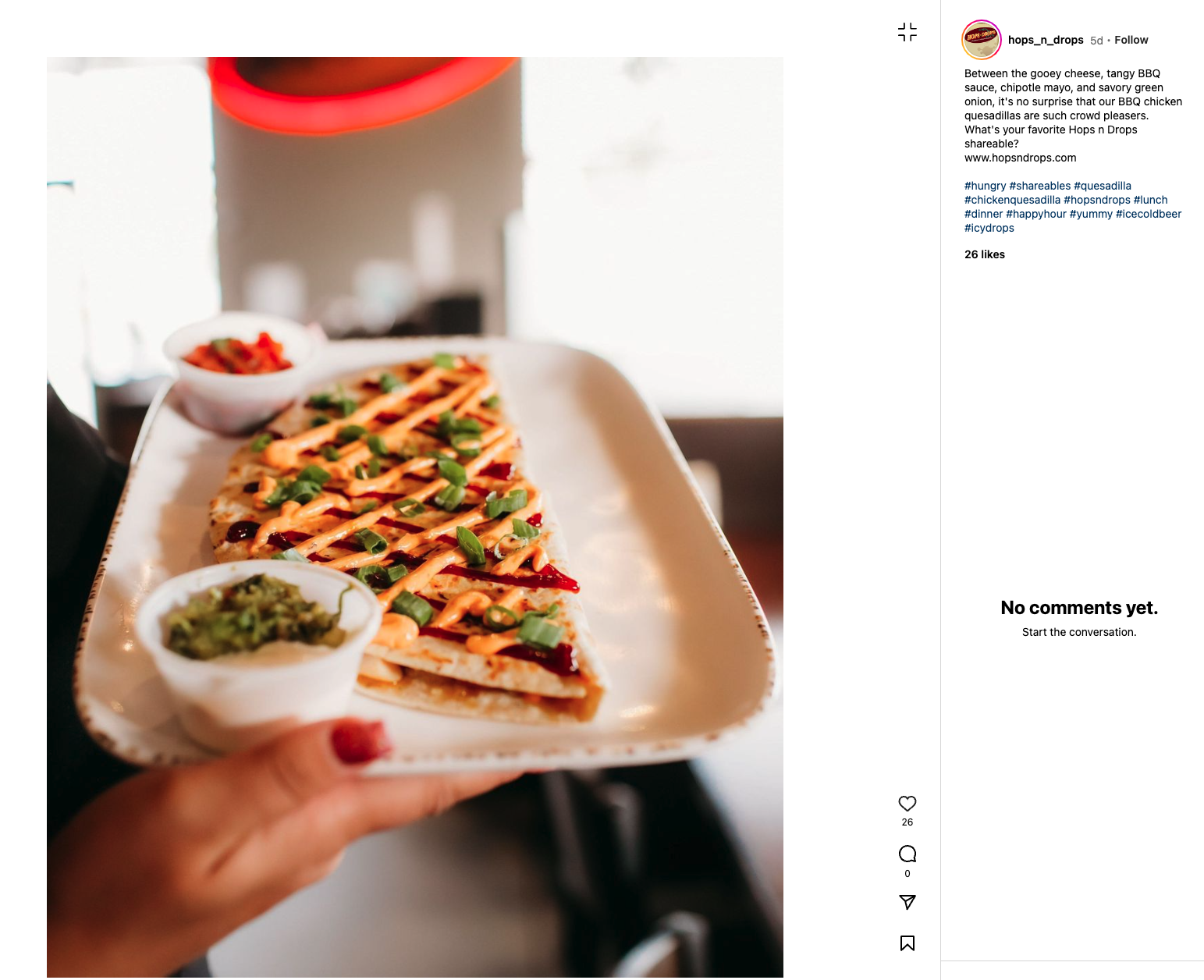 image of a screenshot from a restaurant instagram with a clever caption and a posted image of a quesadilla on a white plate held my hands with red finger polish. 