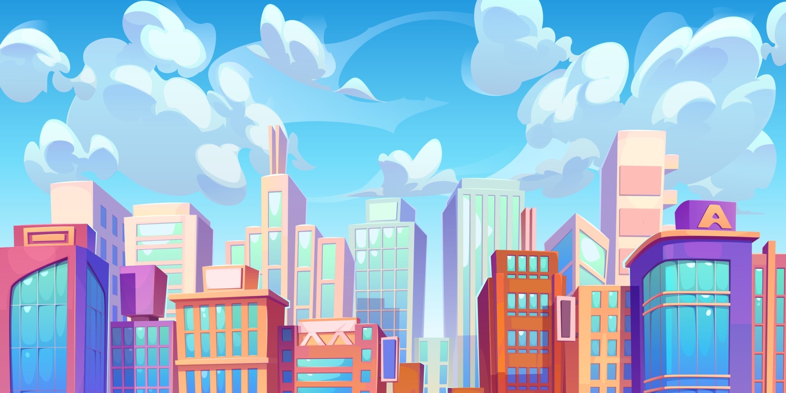 vector city scape image with colorful commercial buildings and fluffy clouds in the sky