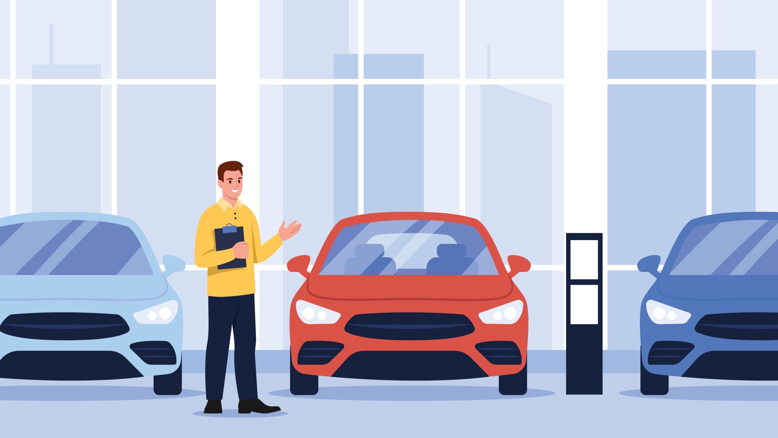 car dealer standing in front of 3 vehicles ready to sell them with a notepad in his hand