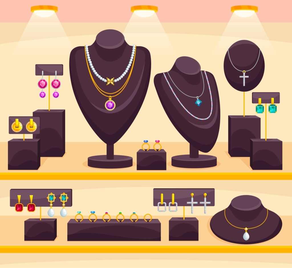 jewelry store showcase of difference jewels and jewelry with 3 lights overhead. a vector image
