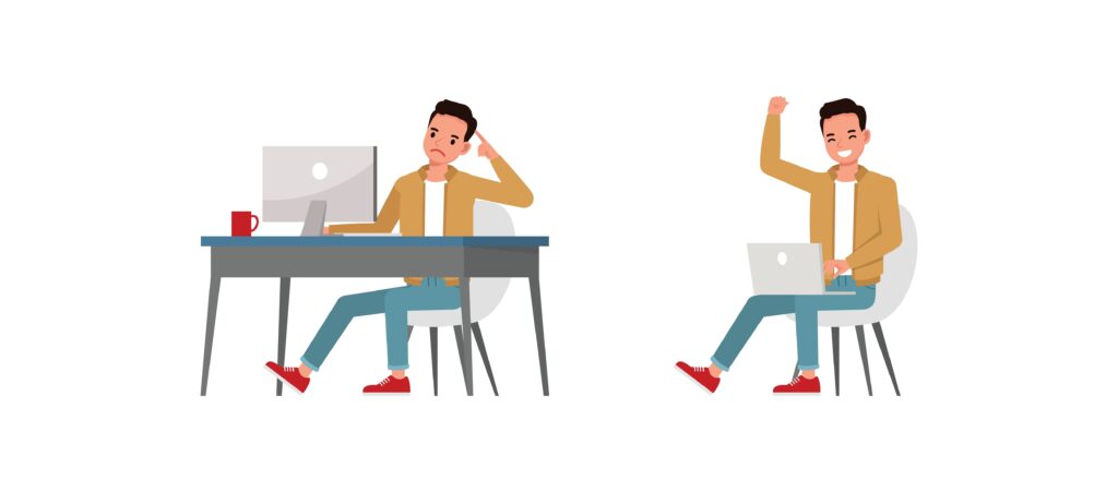 vector image of worker at a desk looking at computer scratching head then another image of same person pumping fist in the air in success