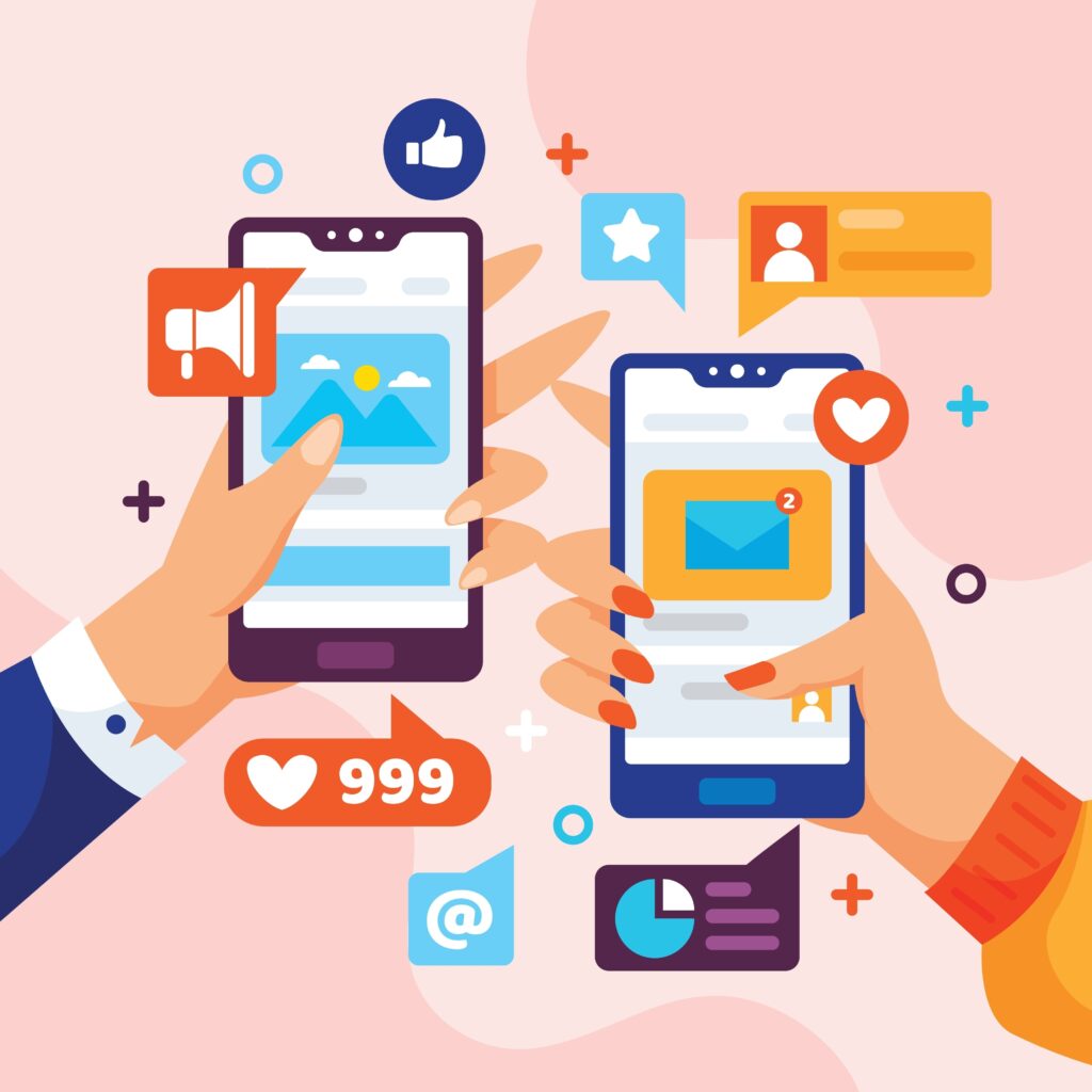 hands holding phones showing social icons
