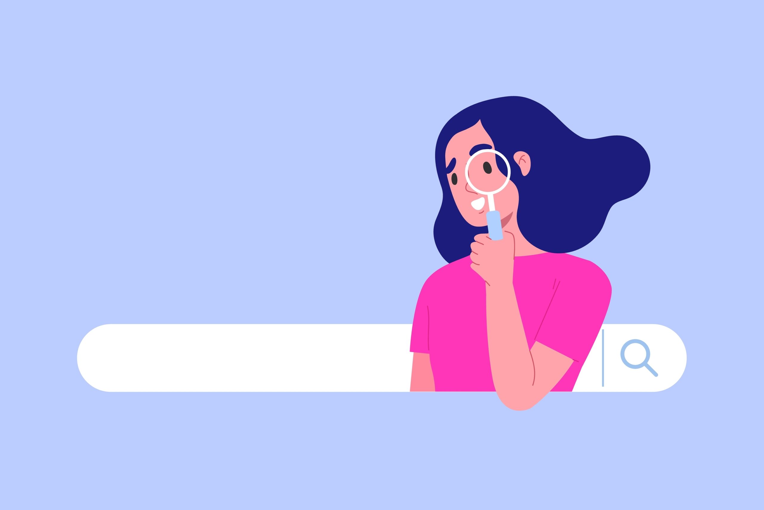vector woman holding magnify glass to search bar like google