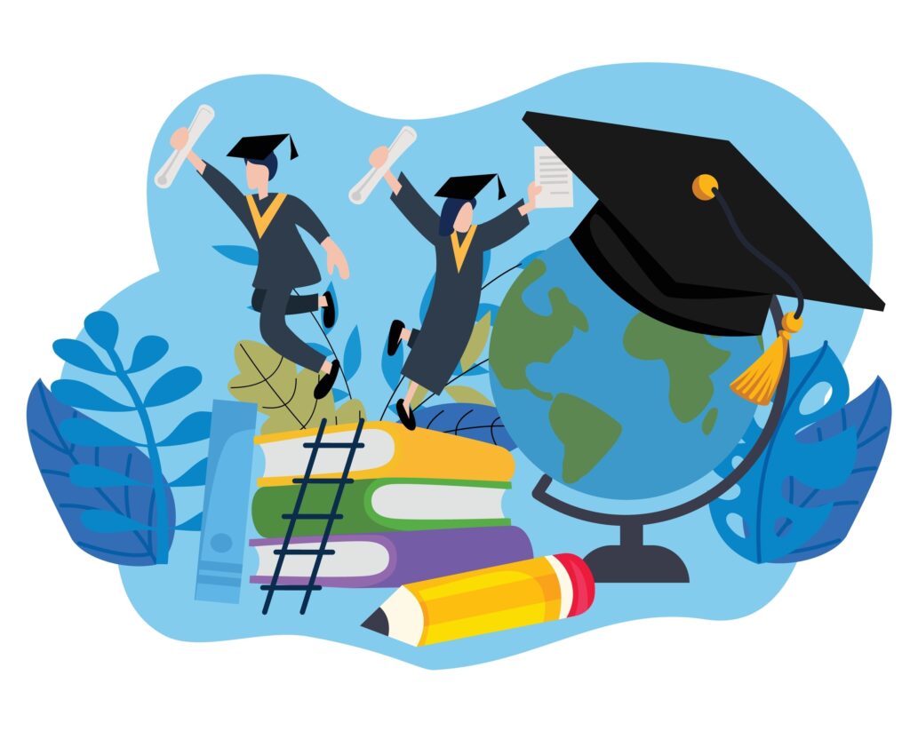 students, globe, diploma, books and pencil for scholarships