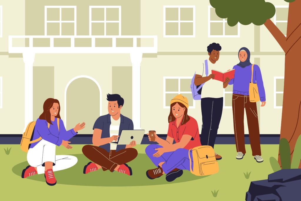 students outside at college because they got a scholarship