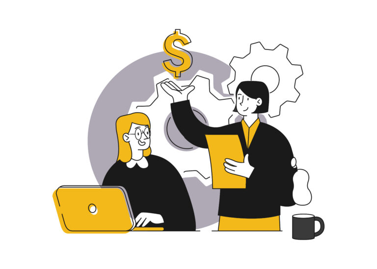 illustration of marketing workers with a background of gears and dollar sign, discussing processes and money