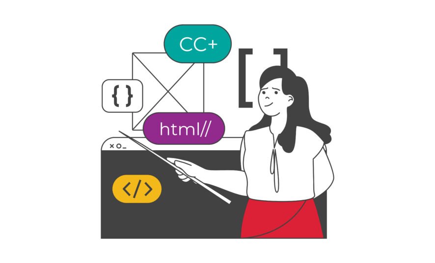 Illustration of web development educator explaining html and cc+