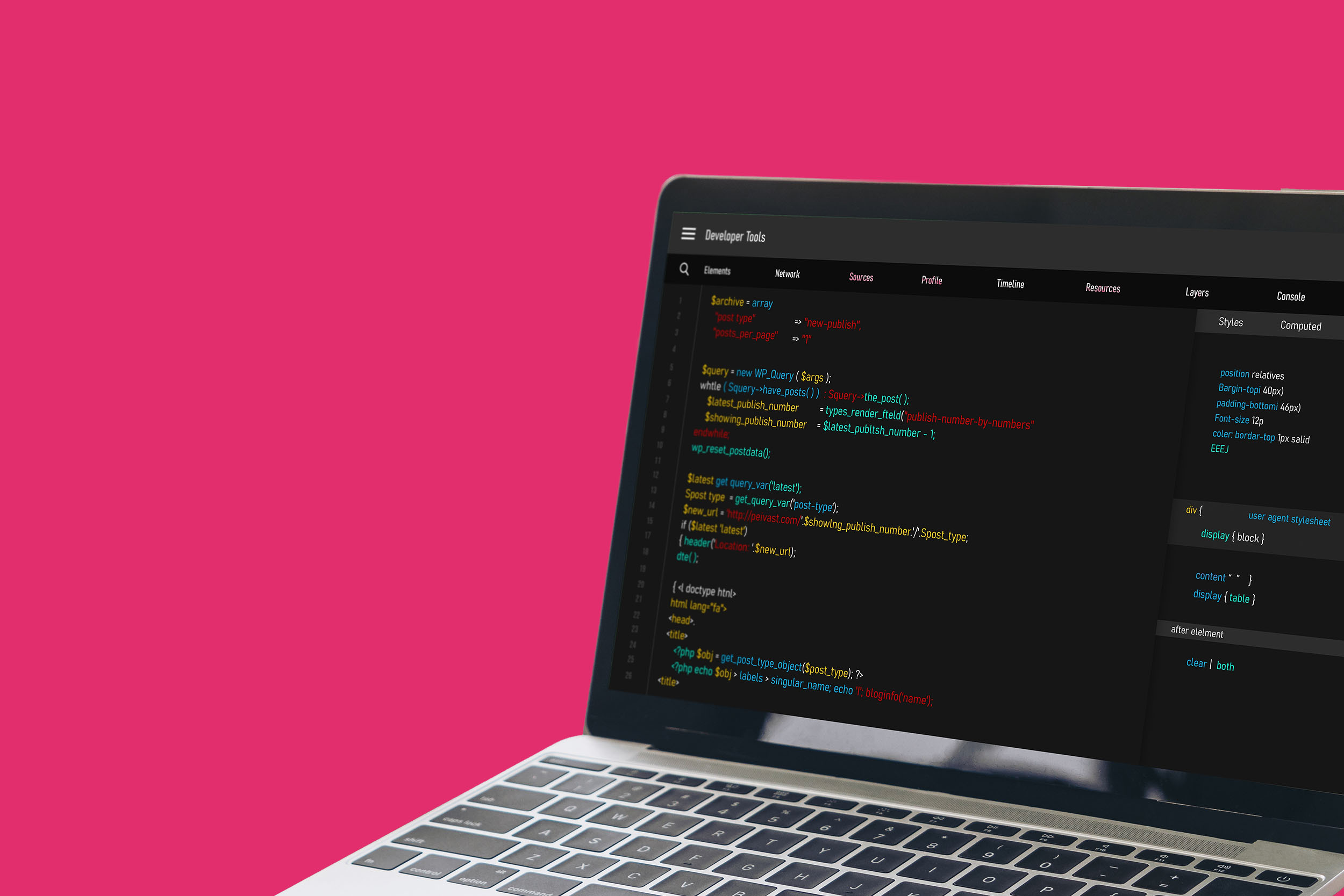 Coding tool open on a laptop against a hot pink background