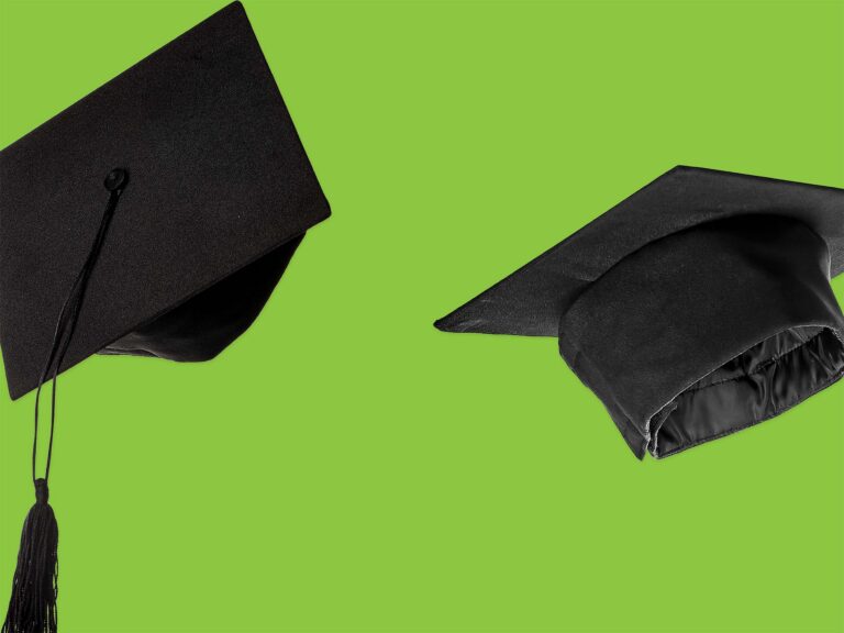 Graduation caps tossed in the air against a lime green background
